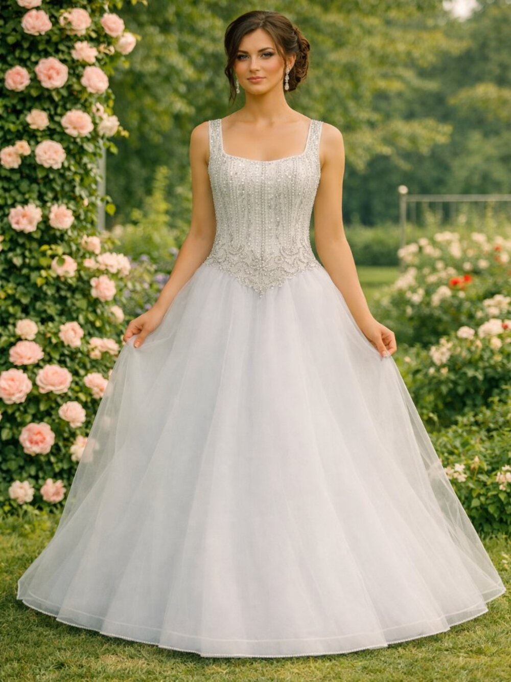 Sleeveless fitted beaded bodice tulle full skirt bridal gown wedding dress